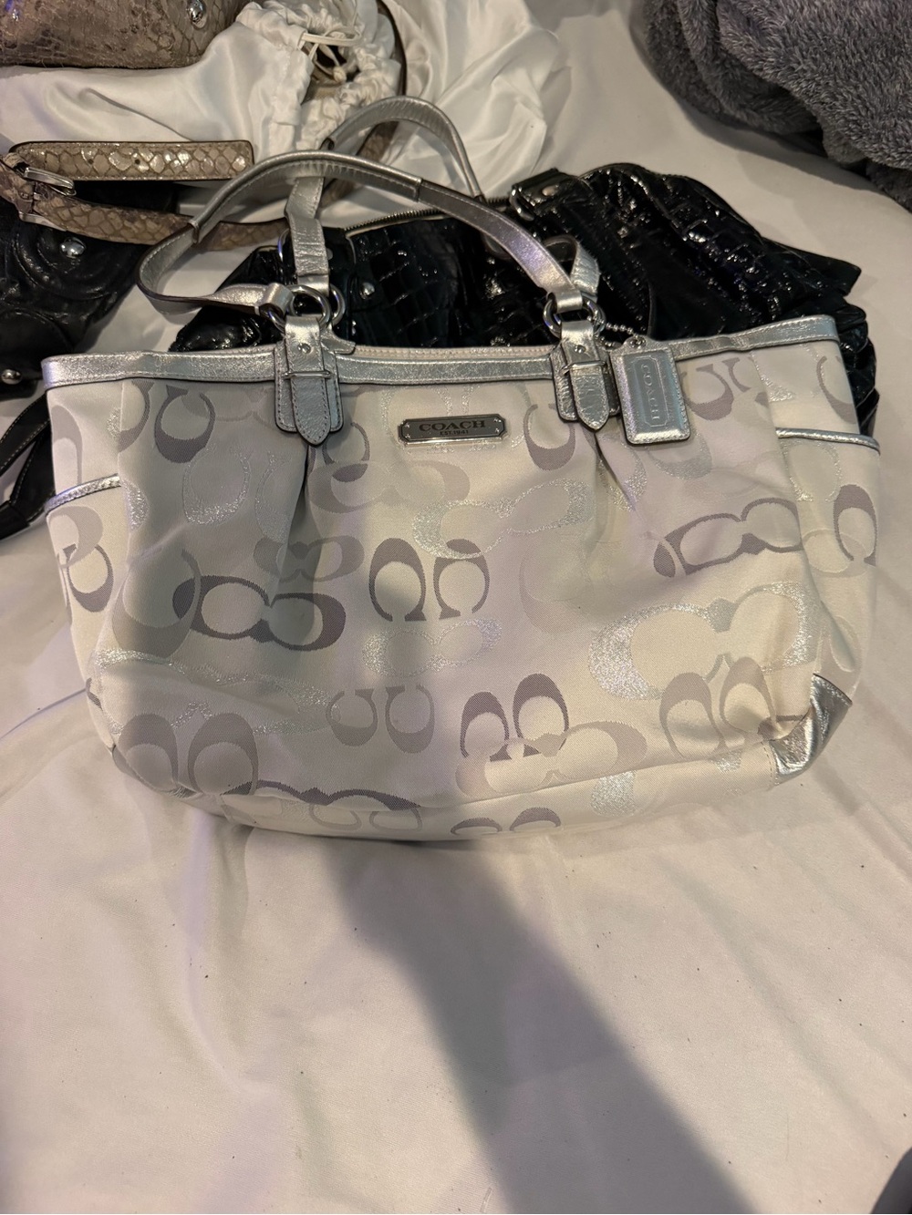 COACH White and Silver Signature Tote